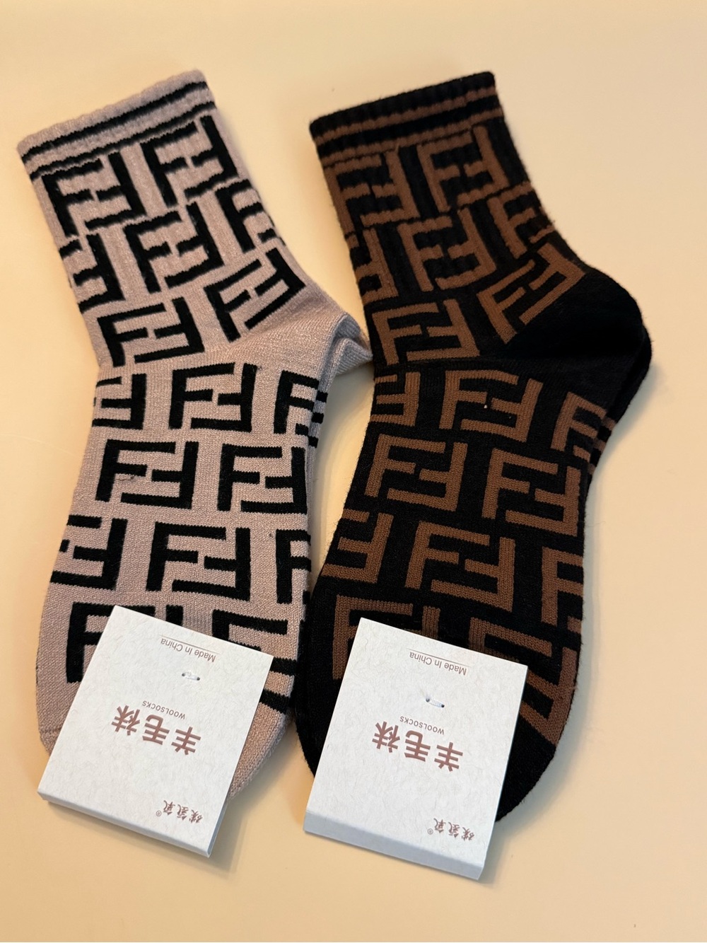 Designer 2 pairs Black Brown and TAN Logo Crew Socks small medium NEW